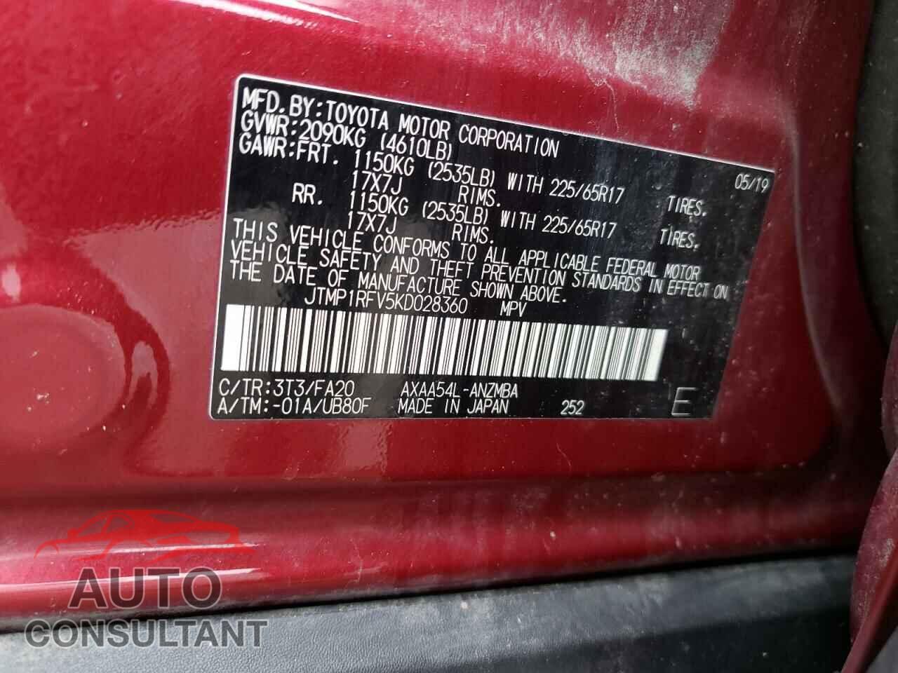 TOYOTA RAV4 2019 - JTMP1RFV5KD028360