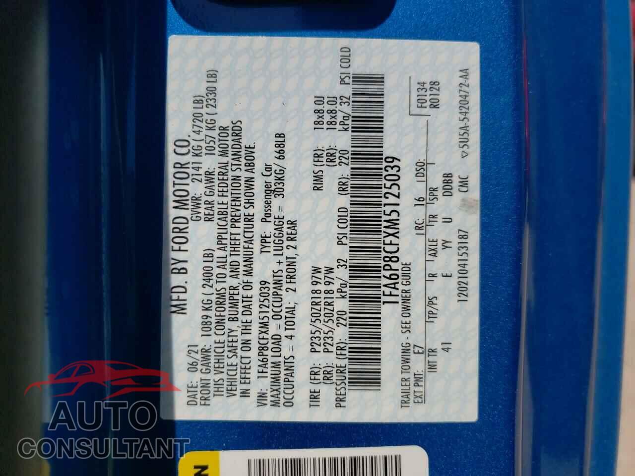 FORD MUSTANG 2021 - 1FA6P8CFXM5125039
