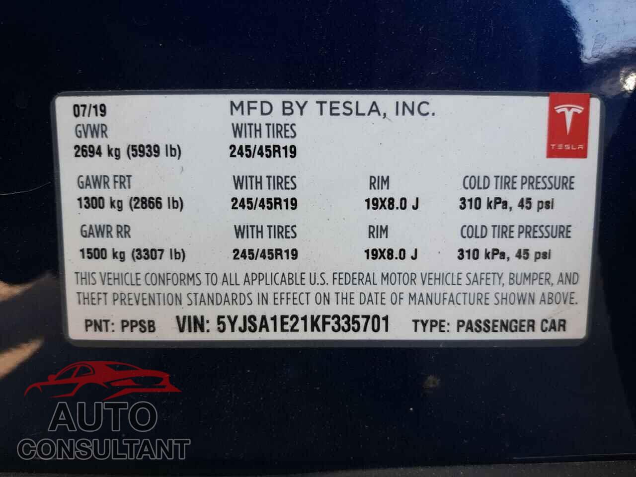 TESLA MODEL S 2019 - 5YJSA1E21KF335701