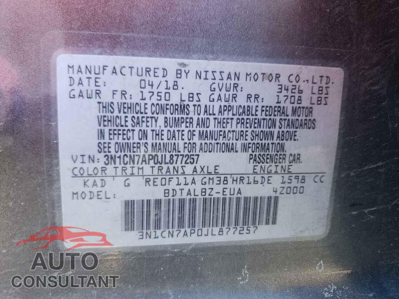 NISSAN VERSA 2018 - 3N1CN7AP0JL877257