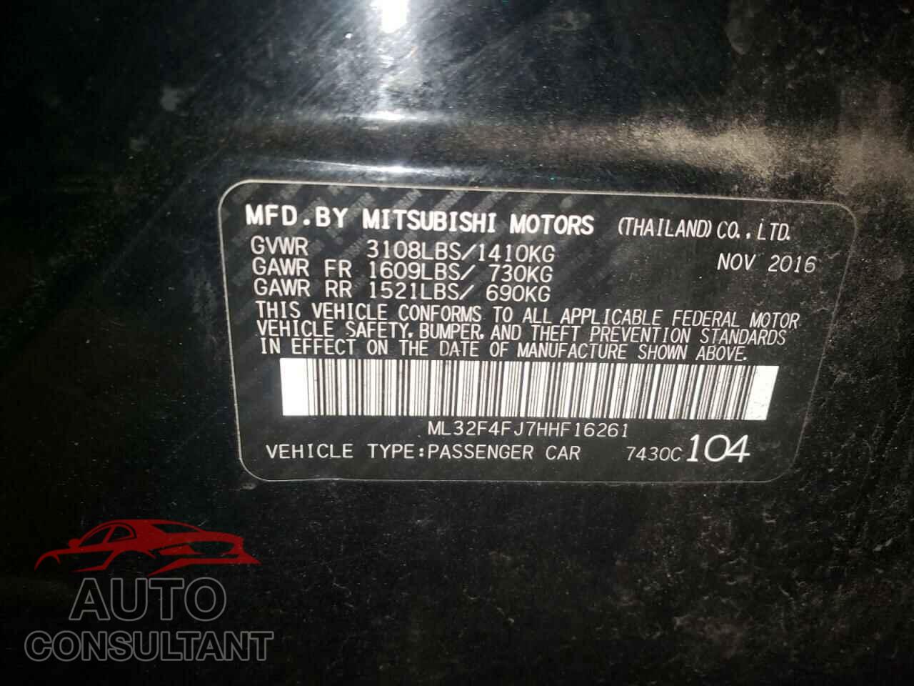 MITSUBISHI MIRAGE 2017 - ML32F4FJ7HHF16261