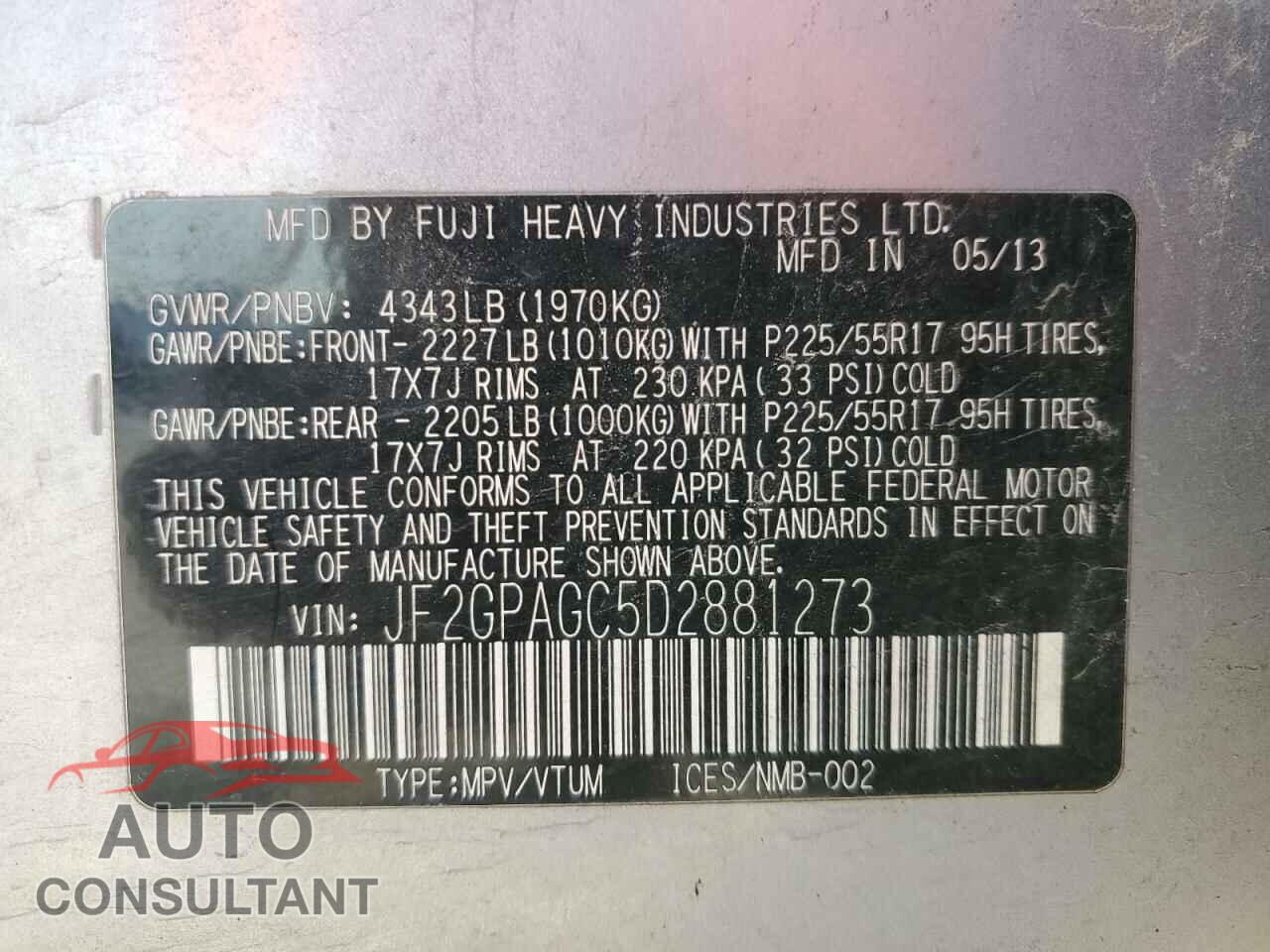 SUBARU XV 2013 - JF2GPAGC5D2881273