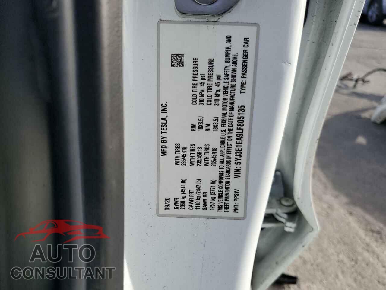TESLA MODEL 3 2020 - 5YJ3E1EA9LF805135
