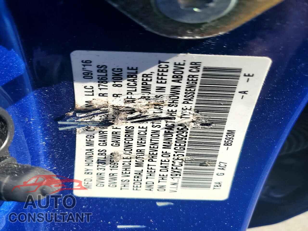 HONDA CIVIC 2016 - 19XFC2F51GE092964