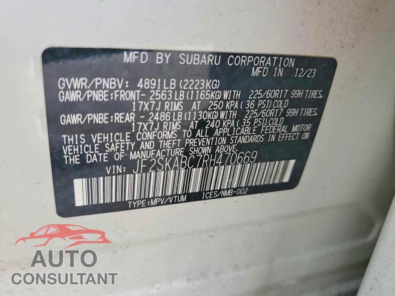 SUBARU FORESTER 2024 - JF2SKABC7RH470669