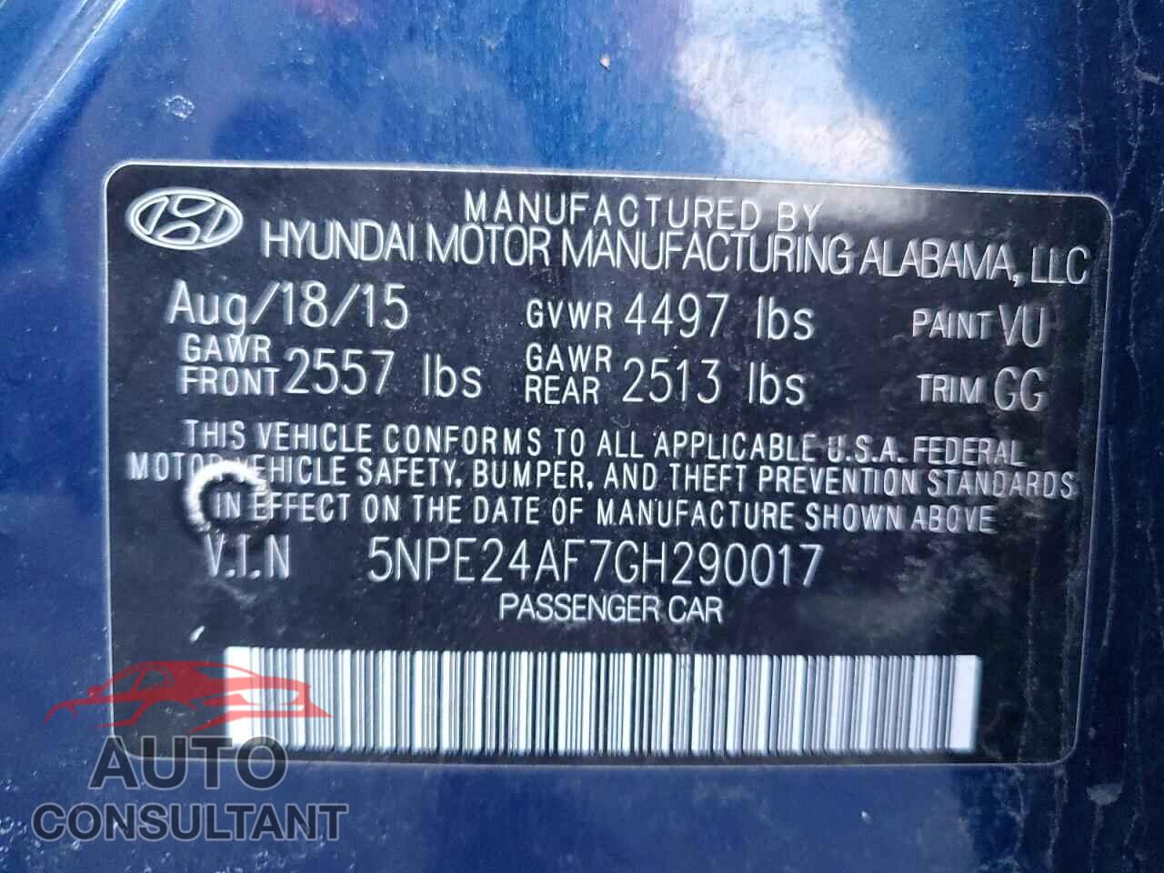 HYUNDAI SONATA 2016 - 5NPE24AF7GH290017