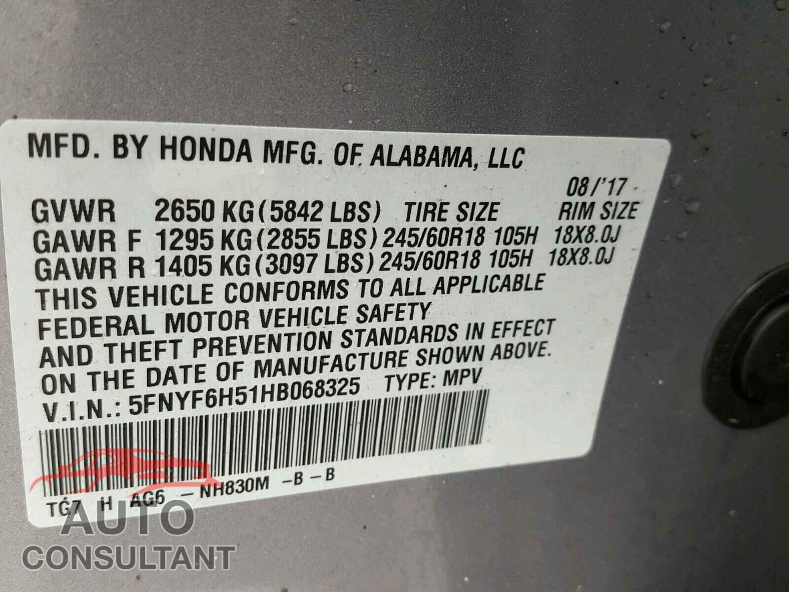 HONDA PILOT EXL 2017 - 5FNYF6H51HB068325