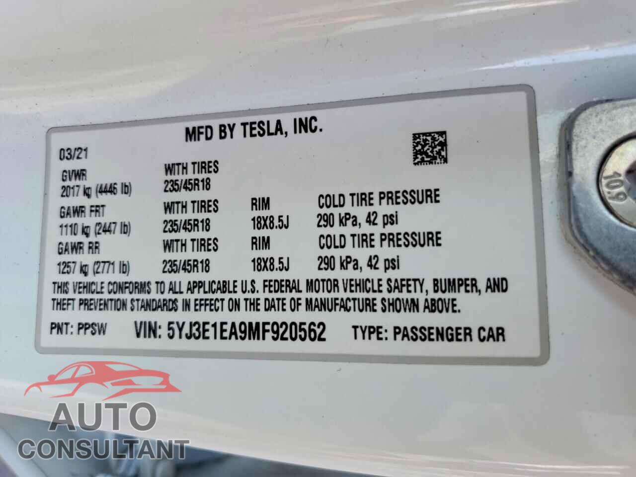 TESLA MODEL 3 2021 - 5YJ3E1EA9MF920562