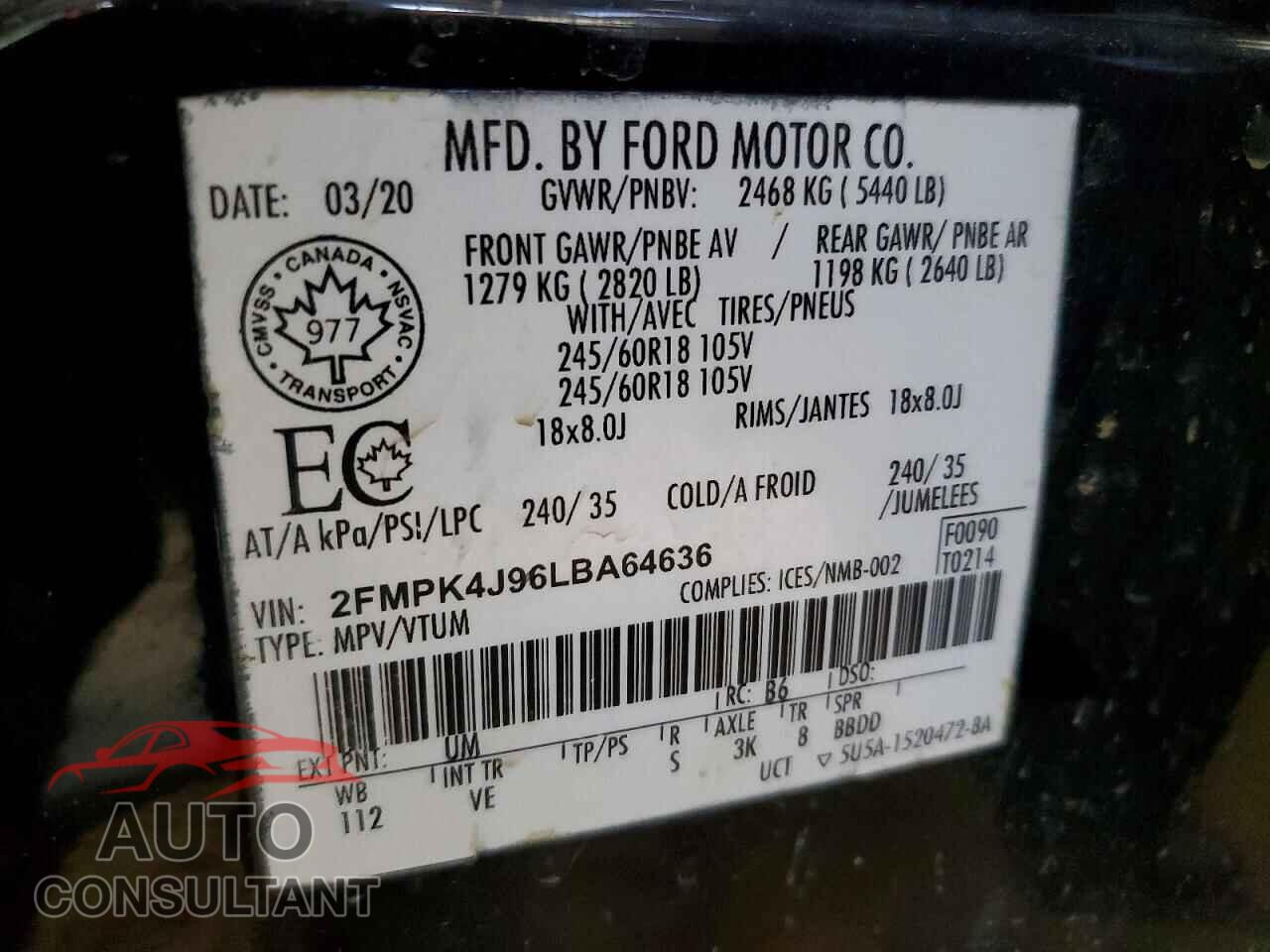 FORD EDGE 2020 - 2FMPK4J96LBA64636