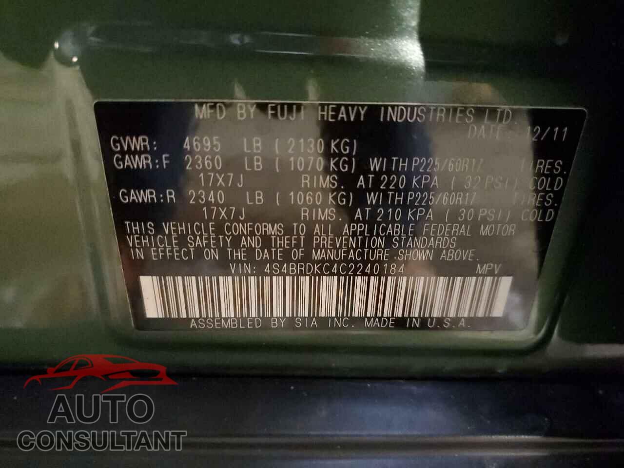 SUBARU OUTBACK 2012 - 4S4BRDKC4C2240184