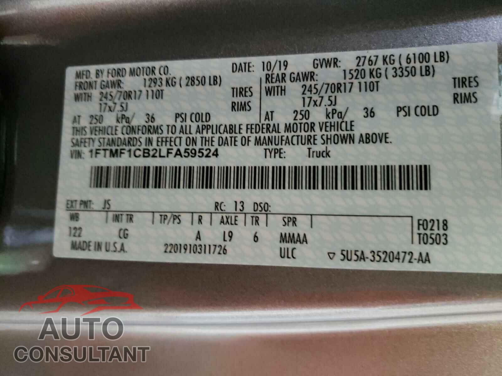 FORD F150 2020 - 1FTMF1CB2LFA59524