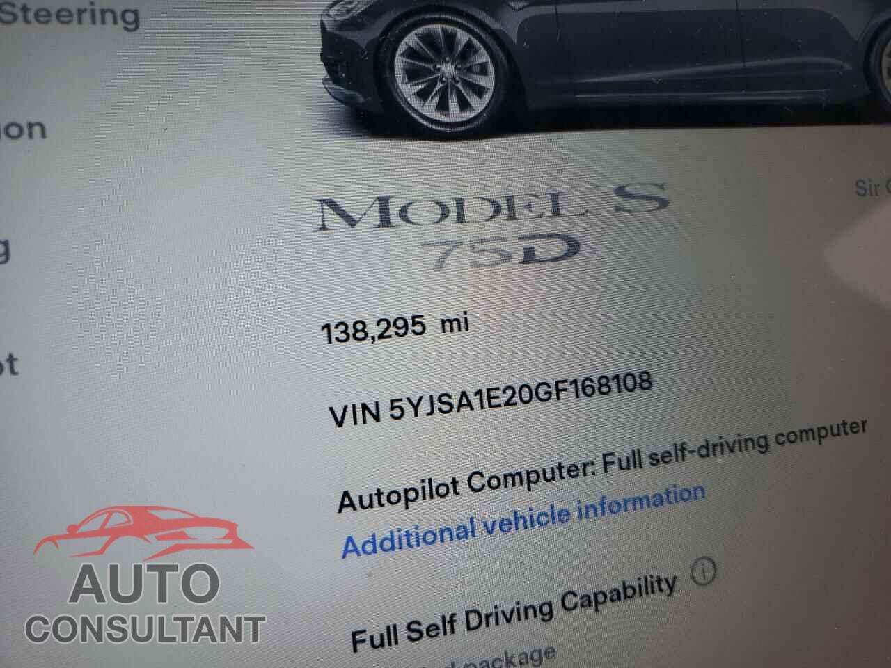 TESLA MODEL S 2016 - 5YJSA1E20GF168108