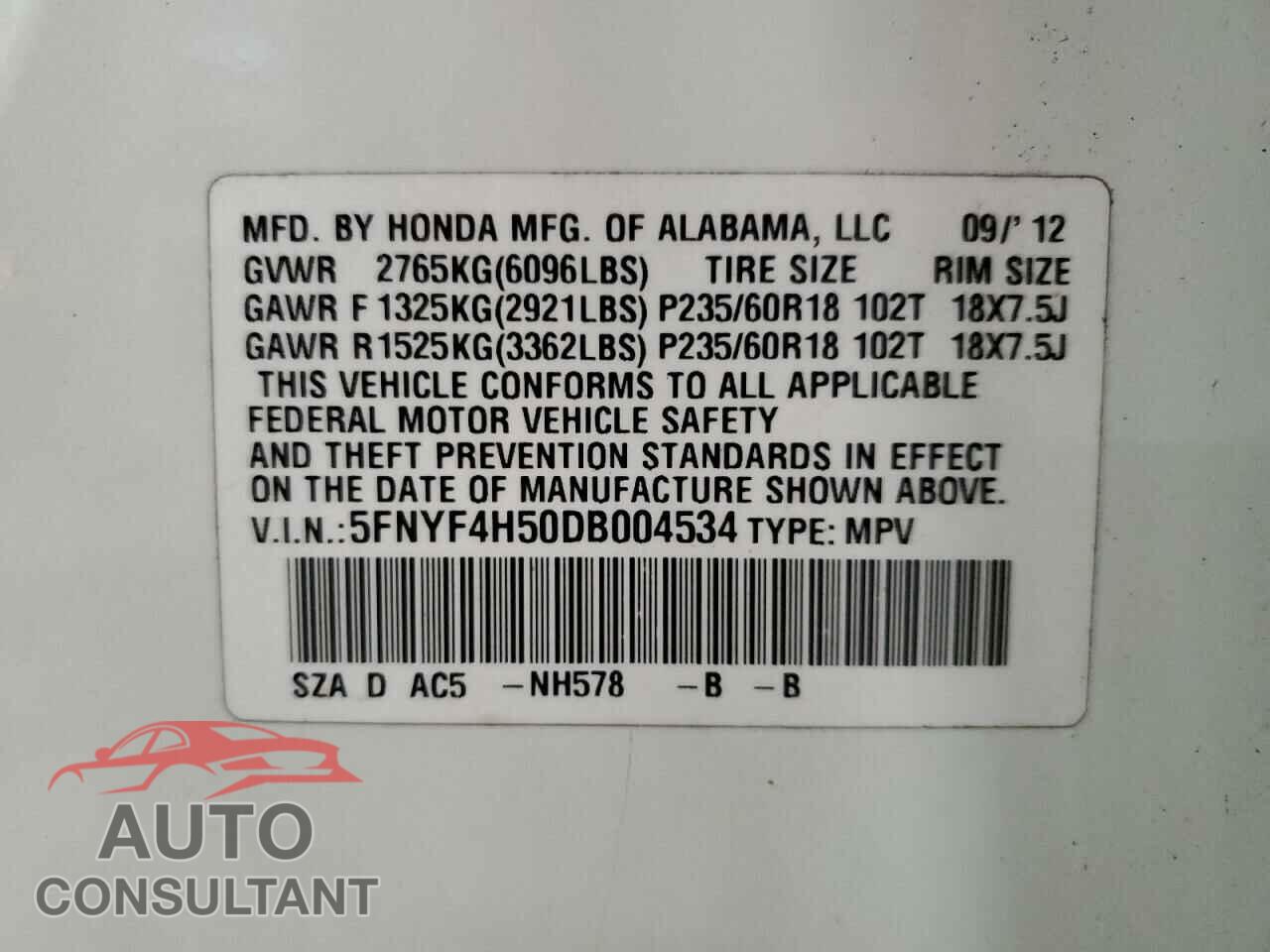 HONDA PILOT 2013 - 5FNYF4H50DB004534
