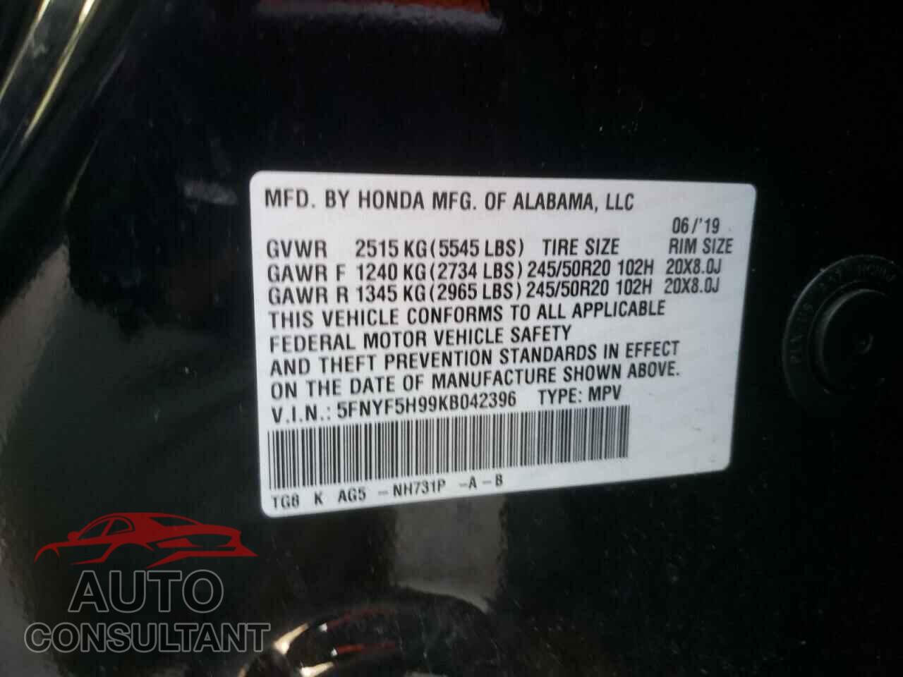 HONDA PILOT 2019 - 5FNYF5H99KB042396