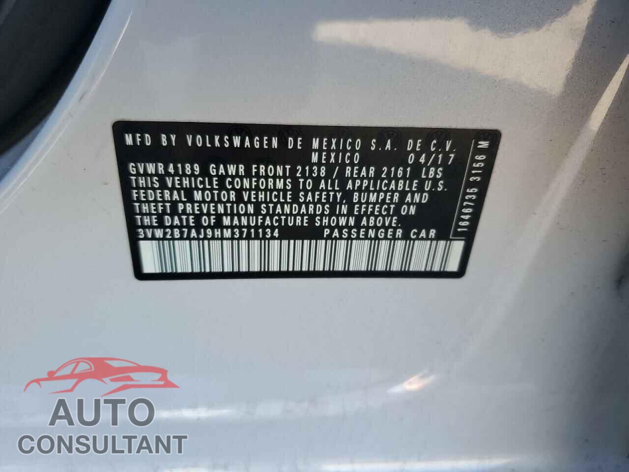 VOLKSWAGEN JETTA 2017 - 3VW2B7AJ9HM371134