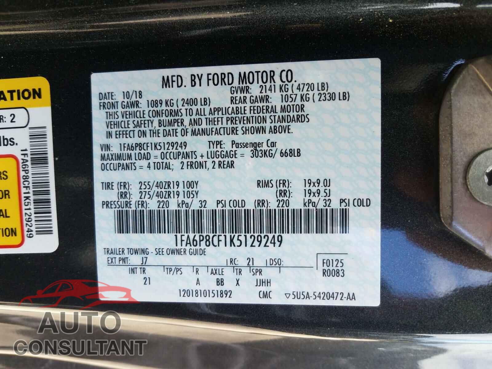 FORD MUSTANG 2019 - 1FA6P8CF1K5129249