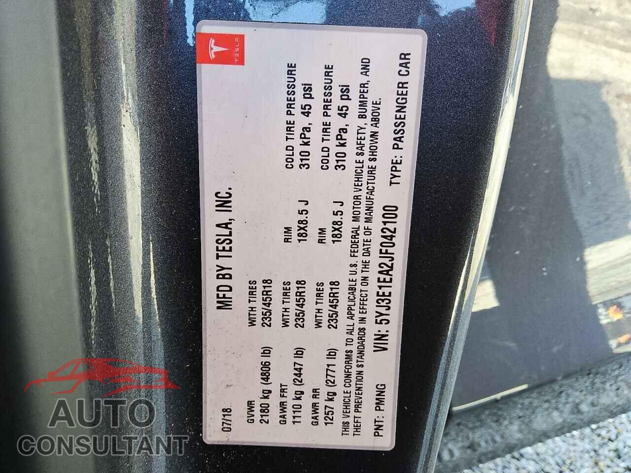 TESLA MODEL 3 2018 - 5YJ3E1EA2JF042100