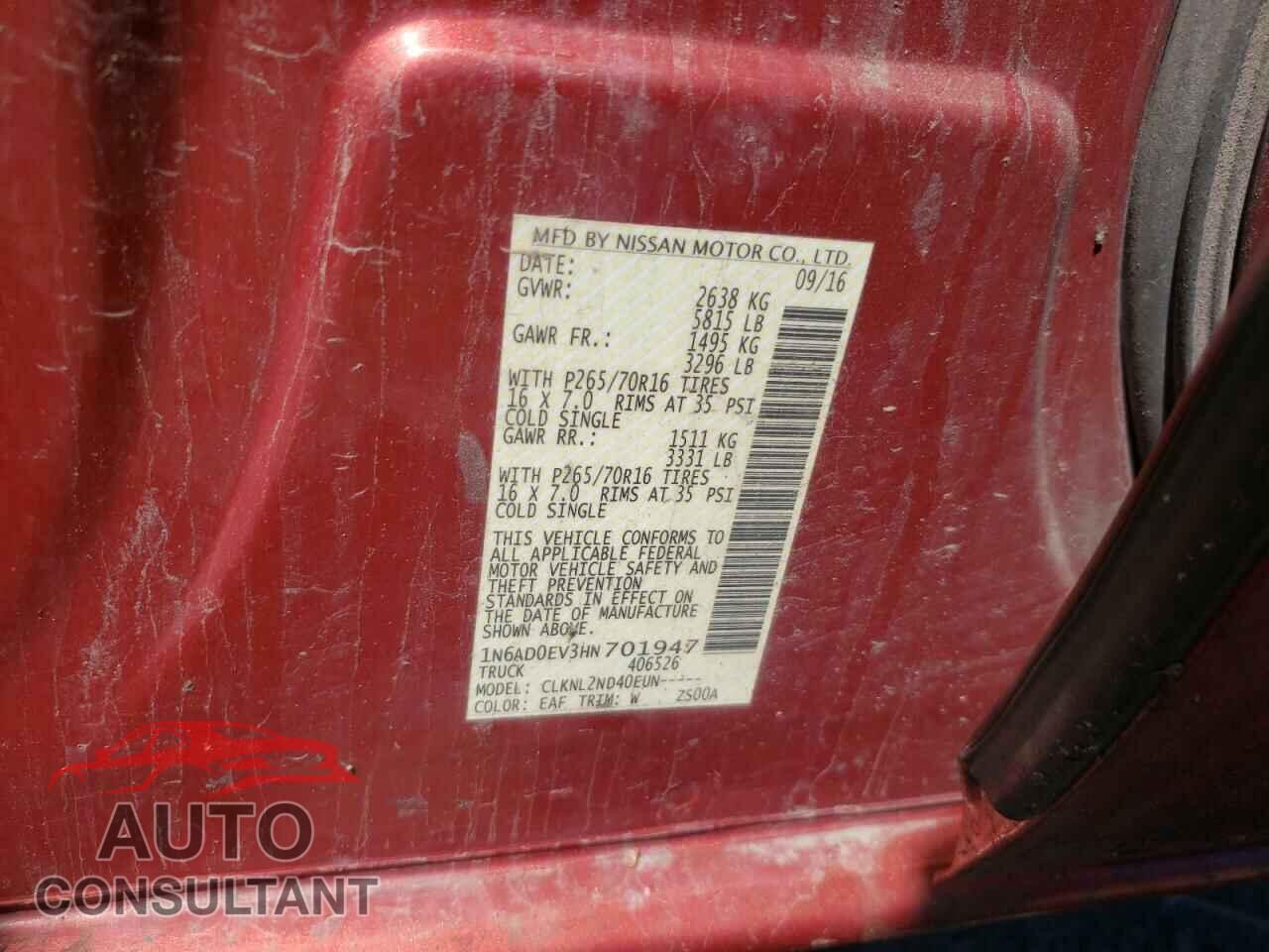 NISSAN FRONTIER 2017 - 1N6AD0EV3HN701947