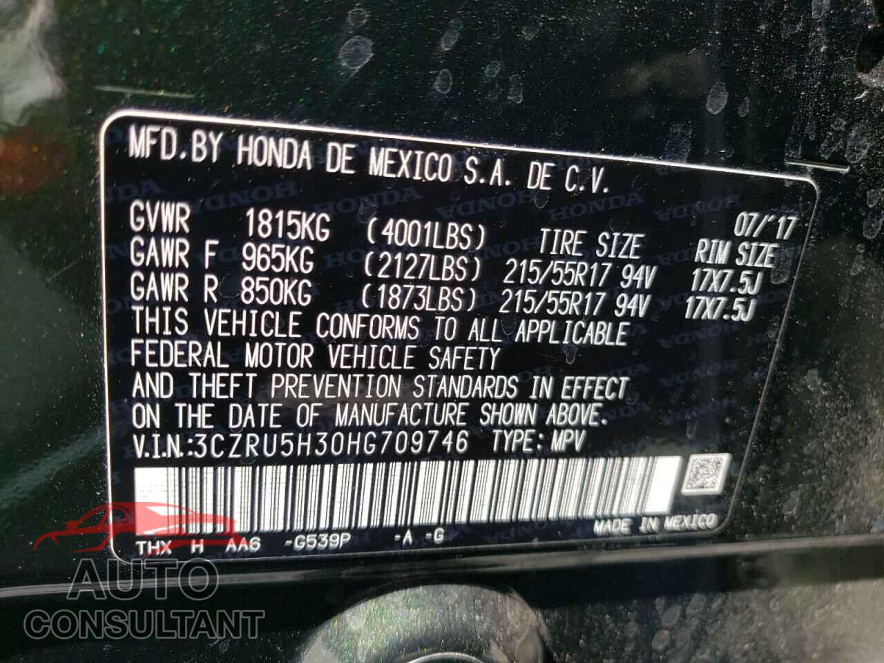 HONDA HR-V 2017 - 3CZRU5H30HG709746