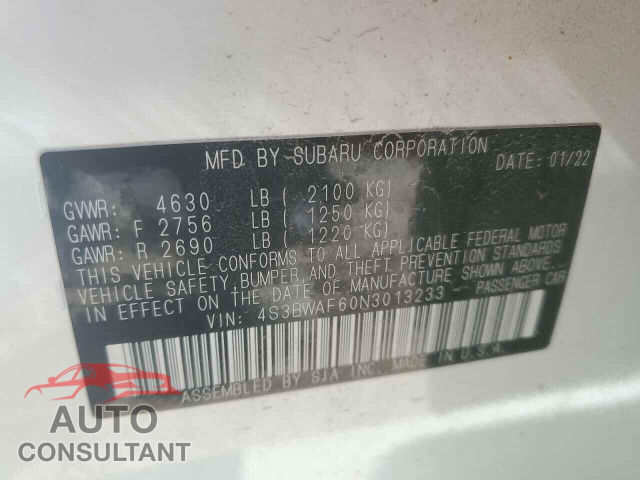 SUBARU LEGACY 2022 - 4S3BWAF60N3013233