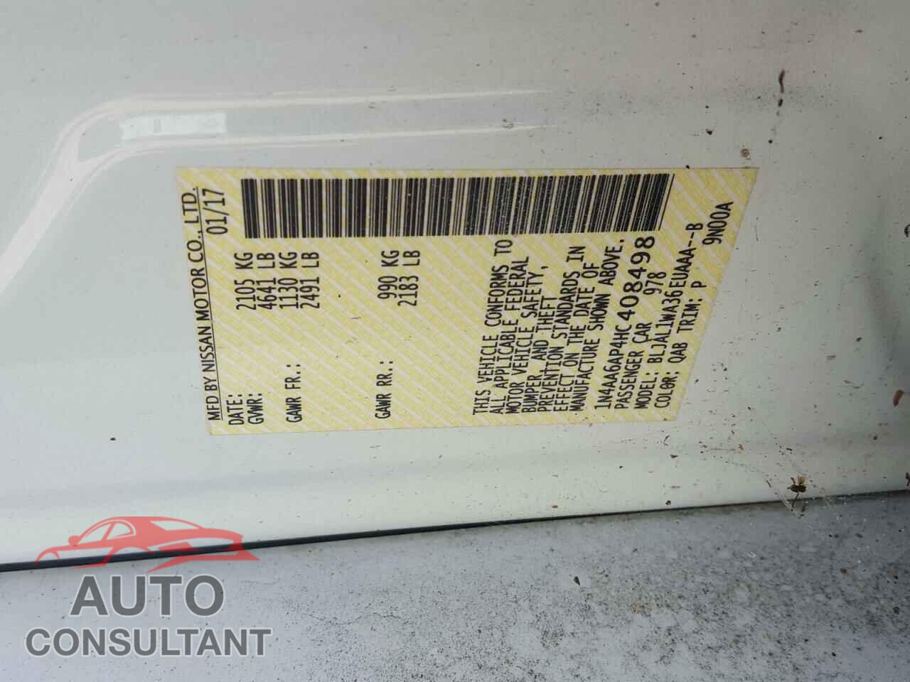 NISSAN MAXIMA 2017 - 1N4AA6AP4HC408498