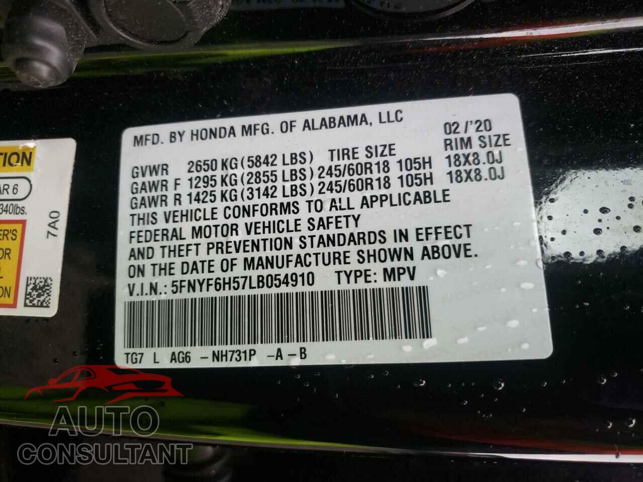 HONDA PILOT 2020 - 5FNYF6H57LB054910