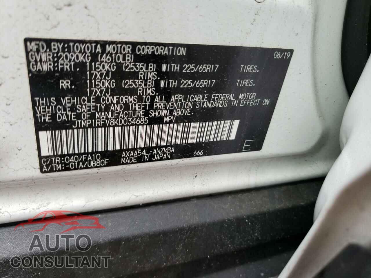 TOYOTA RAV4 2019 - JTMP1RFV8KD034685