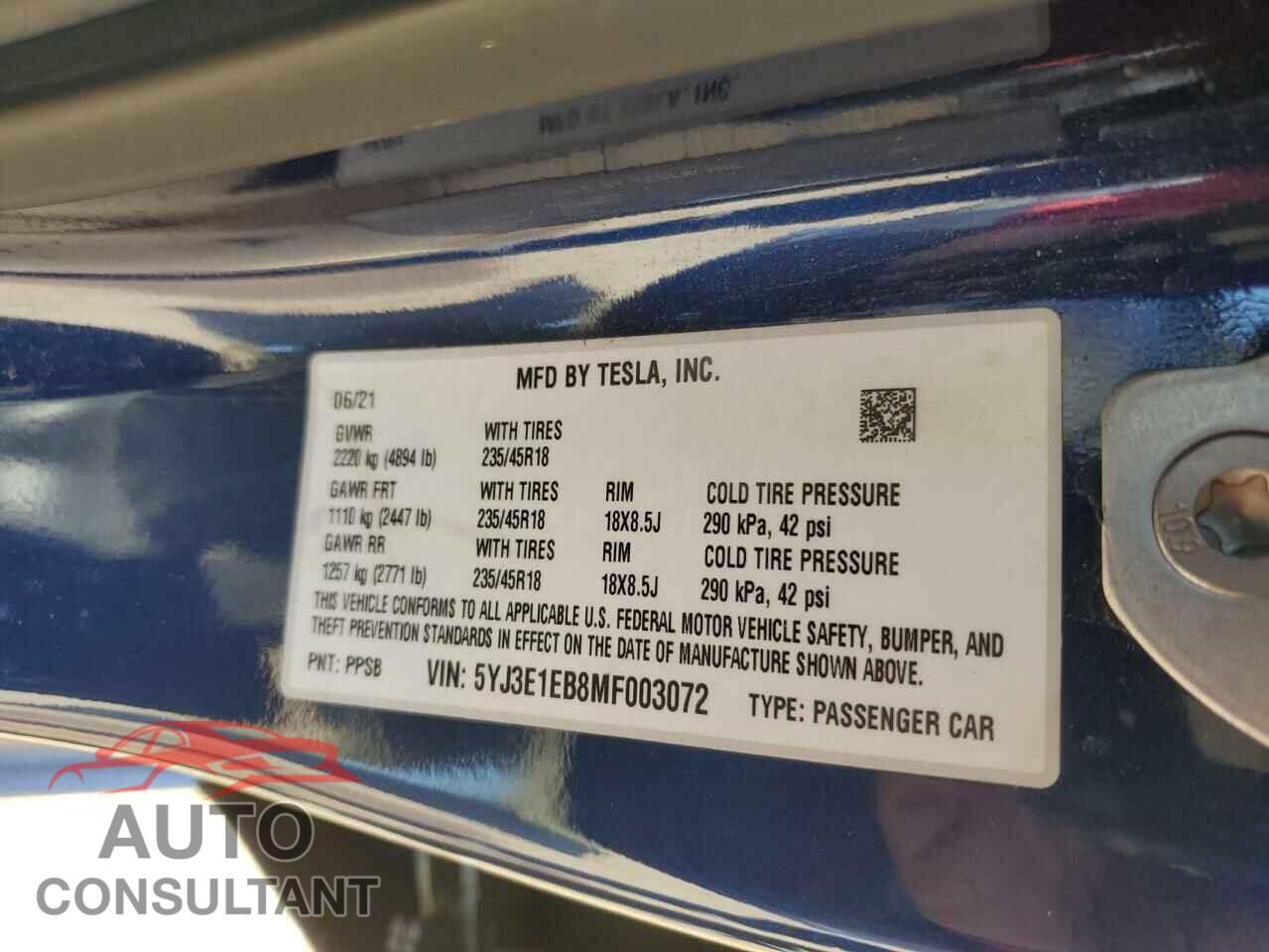 TESLA MODEL 3 2021 - 5YJ3E1EB8MF003072