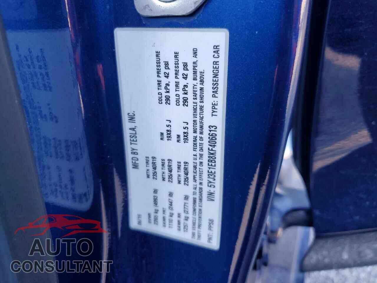 TESLA MODEL 3 2019 - 5YJ3E1EB8KF406613