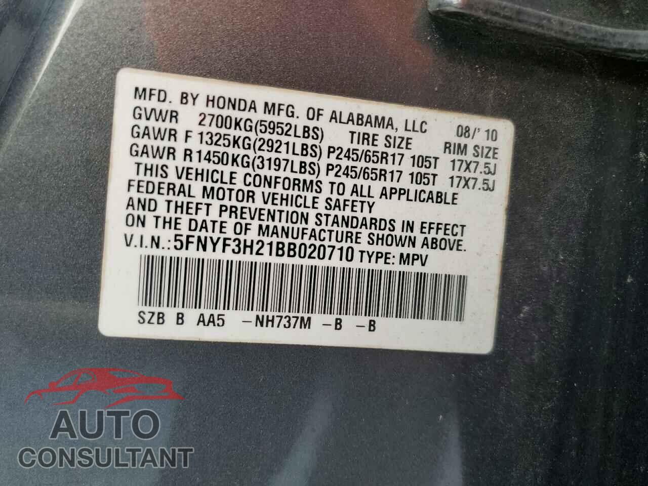 HONDA PILOT 2011 - 5FNYF3H21BB020710