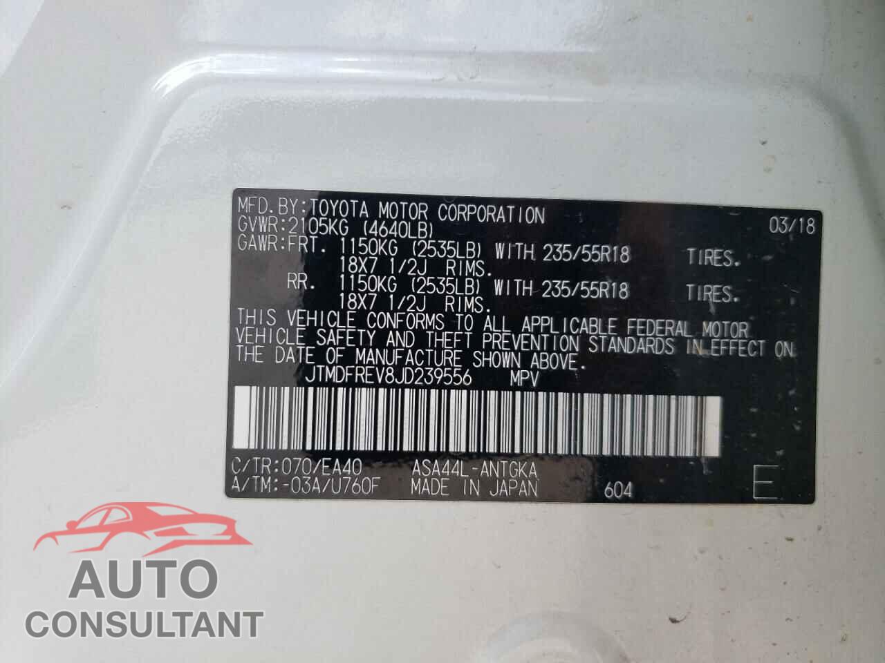 TOYOTA RAV4 2018 - JTMDFREV8JD239556