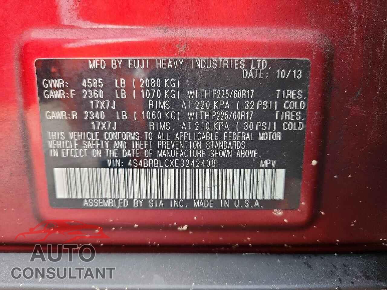 SUBARU OUTBACK 2014 - 4S4BRBLCXE3242408