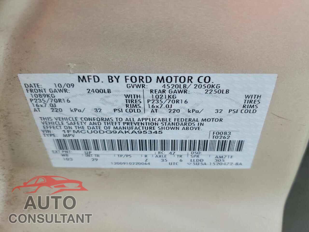 FORD ESCAPE 2010 - 1FMCU0DG9AKA95345
