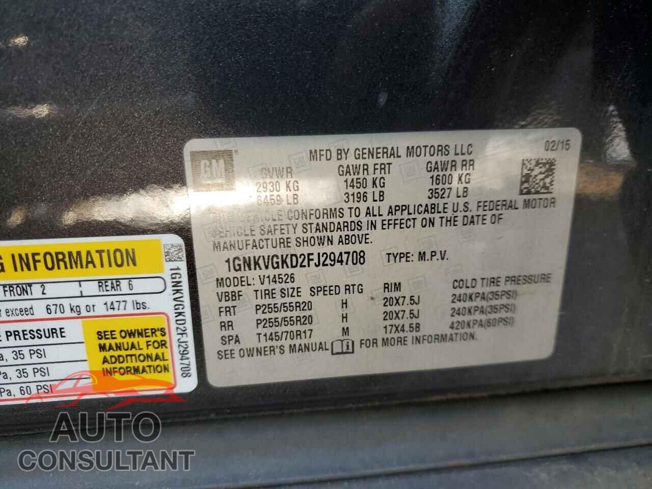 CHEVROLET TRAVERSE 2015 - 1GNKVGKD2FJ294708