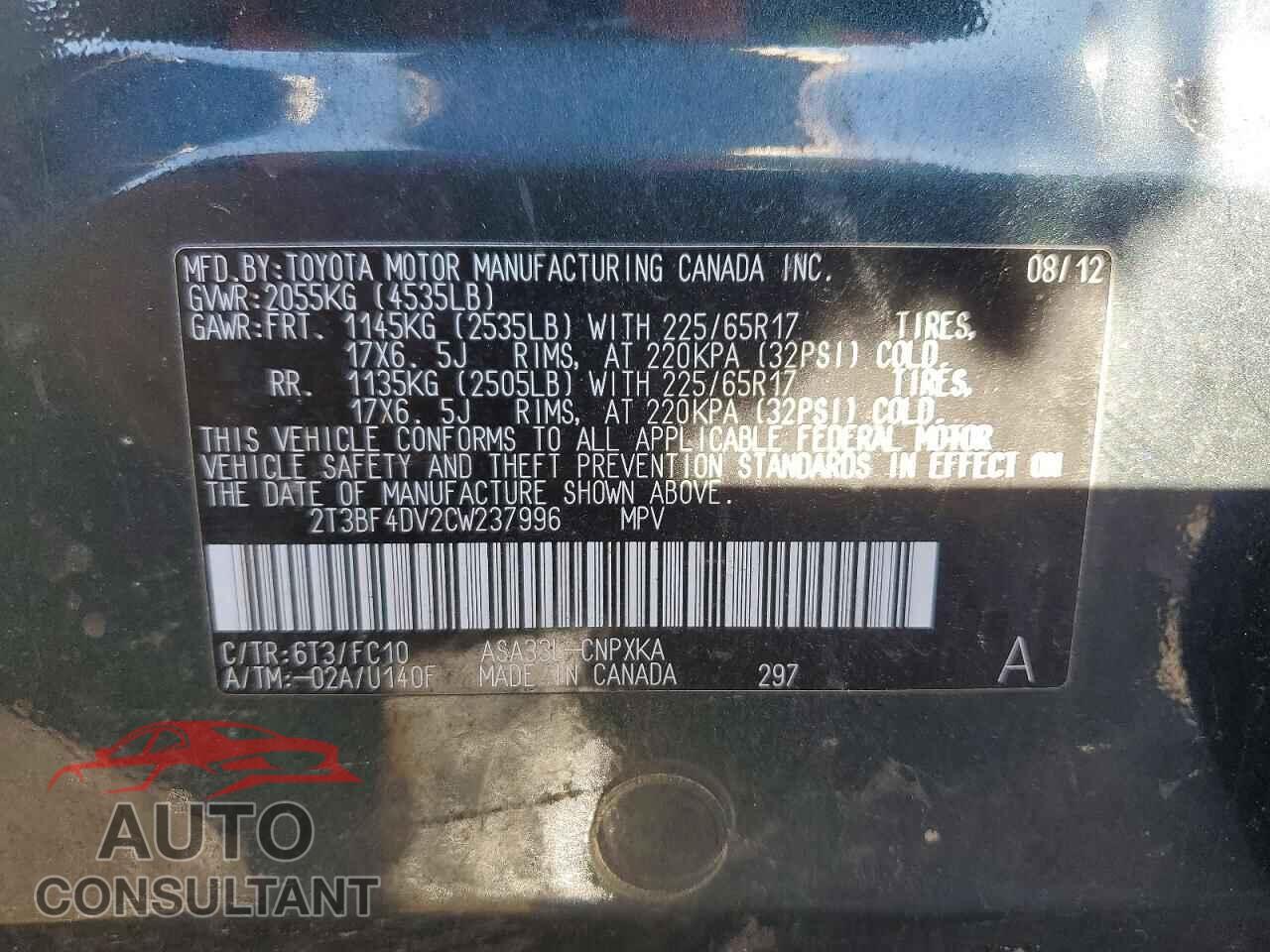 TOYOTA RAV4 2012 - 2T3BF4DV2CW237996