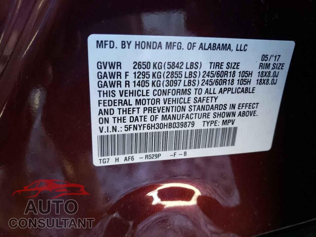 HONDA PILOT 2017 - 5FNYF6H30HB039879