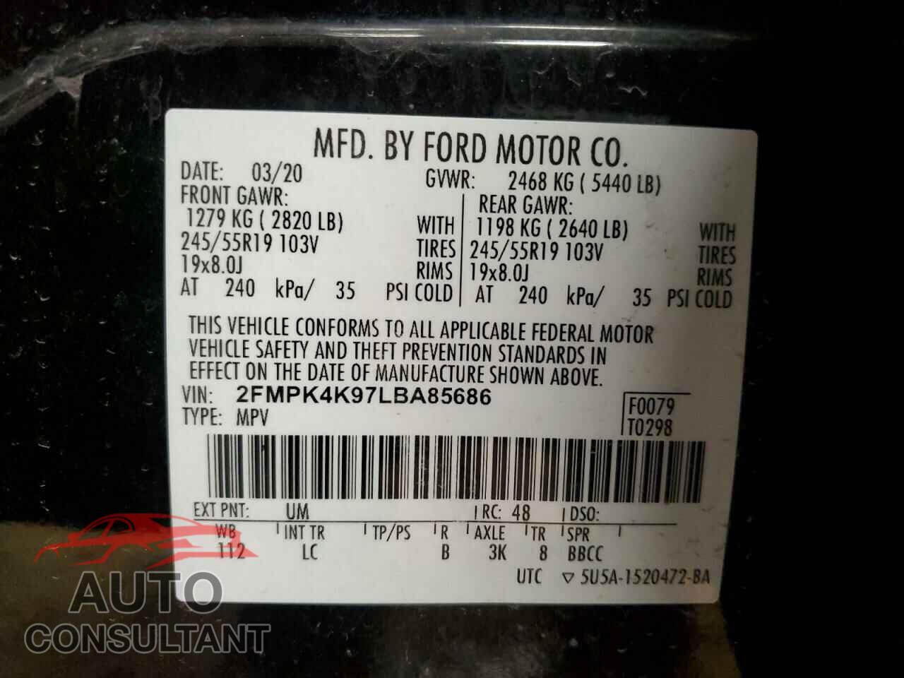 FORD EDGE 2020 - 2FMPK4K97LBA85686