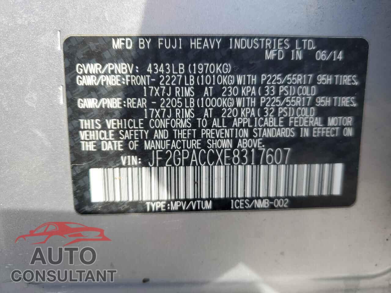 SUBARU XV 2014 - JF2GPACCXE8317607