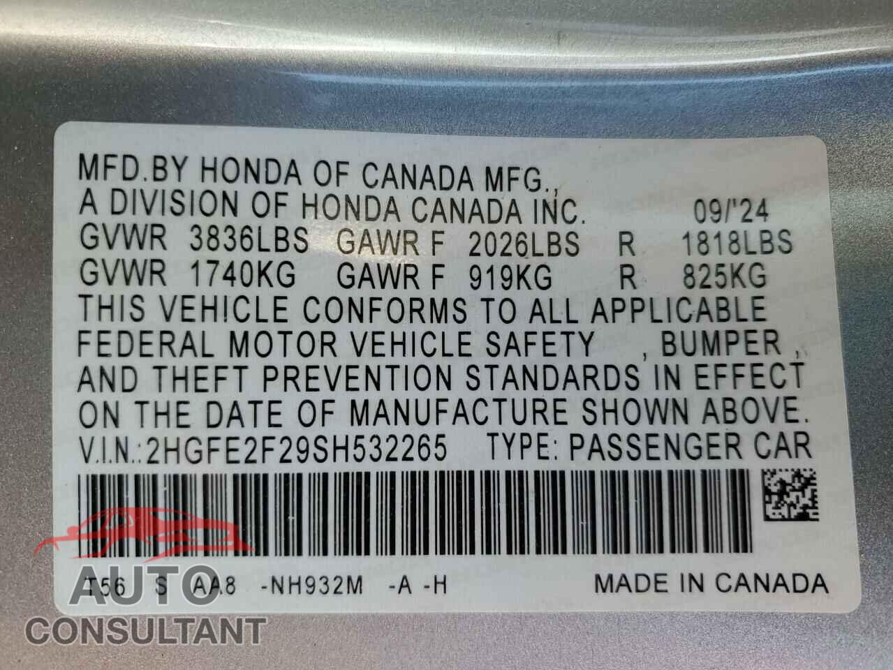 HONDA CIVIC 2025 - 2HGFE2F29SH532265