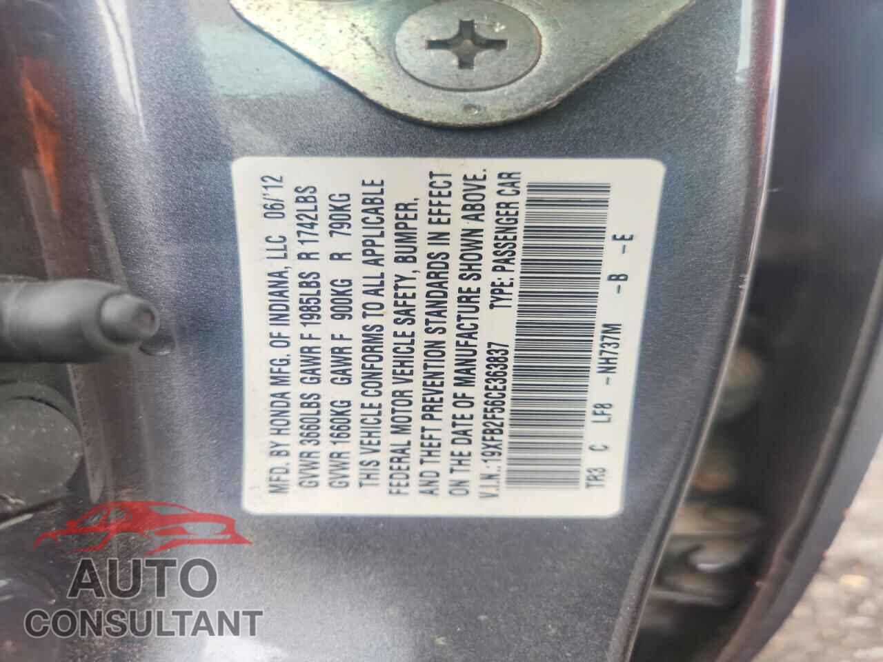 HONDA CIVIC 2012 - 19XFB2F56CE363837