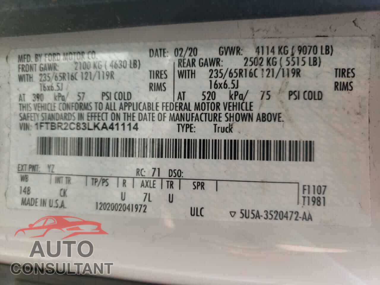 FORD TRANSIT CO 2020 - 1FTBR2C83LKA41114