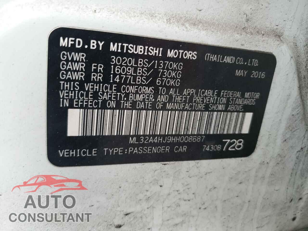MITSUBISHI MIRAGE 2017 - ML32A4HJ9HH008687