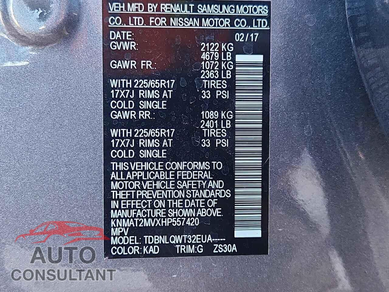 NISSAN ROGUE 2017 - KNMAT2MVXHP557420