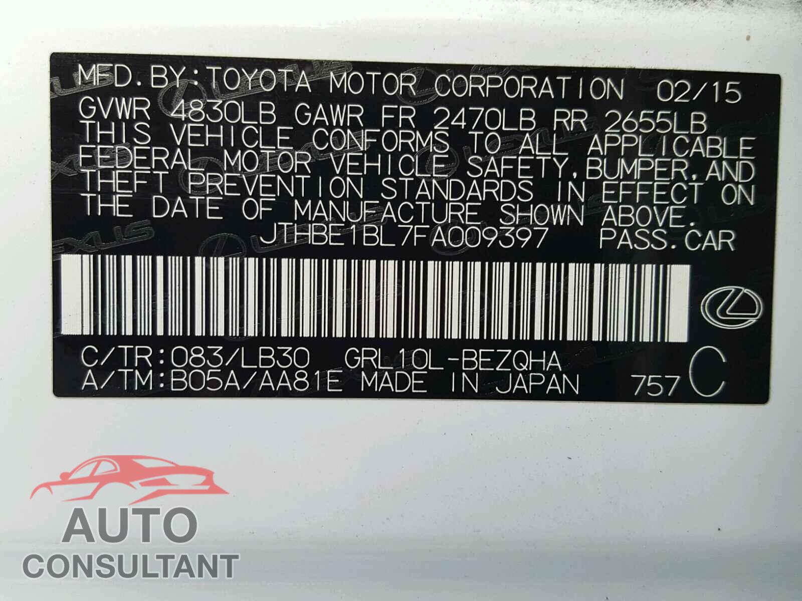 LEXUS GS350 2015 - JTHBE1BL7FA009397