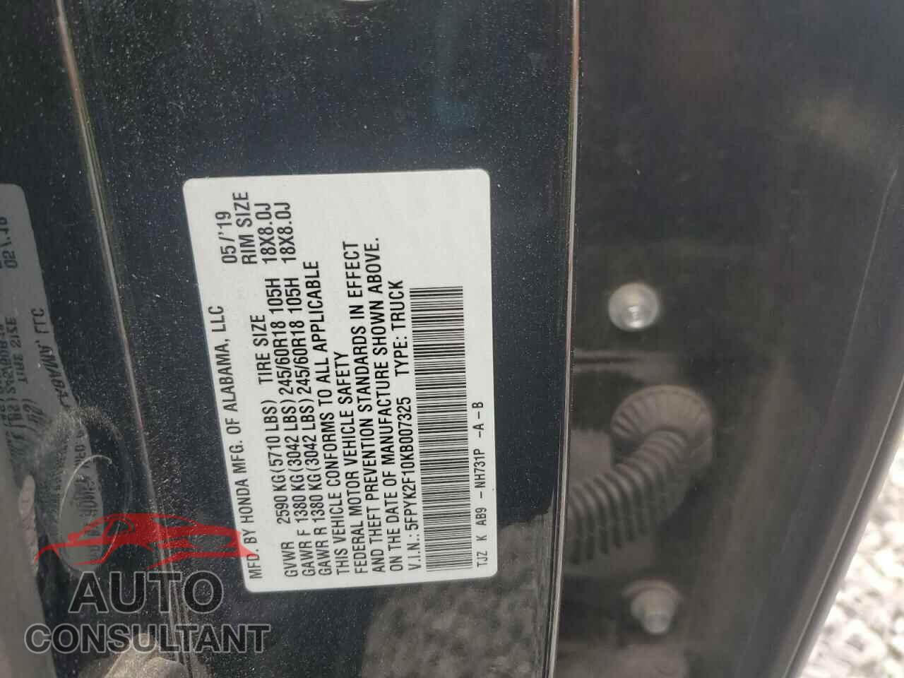 HONDA RIDGELINE 2019 - 5FPYK2F10KB007325