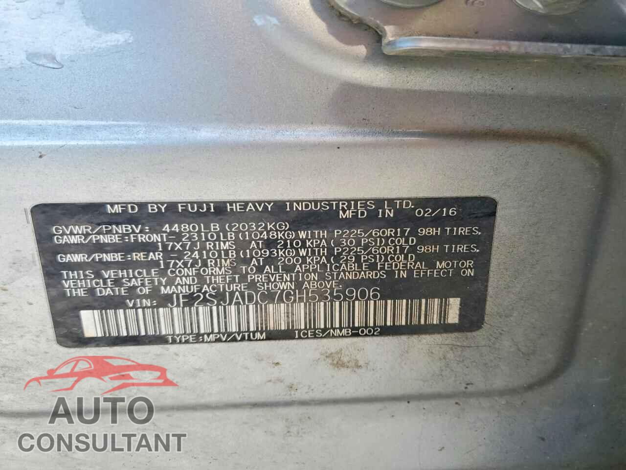 SUBARU FORESTER 2016 - JF2SJADC7GH535906