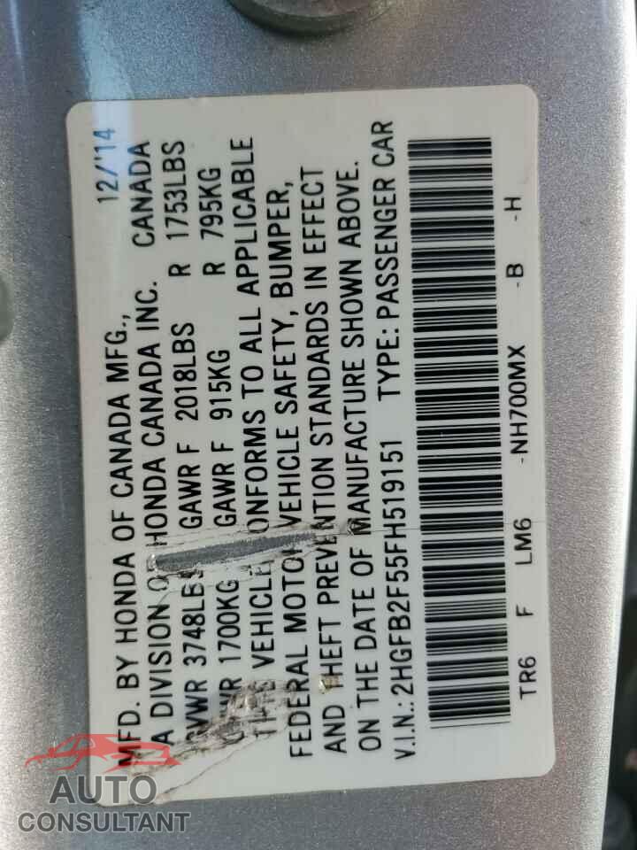 HONDA CIVIC 2015 - 2HGFB2F55FH519151