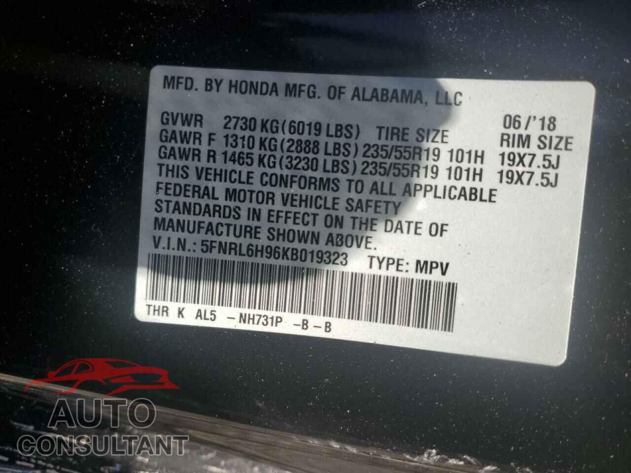 HONDA ODYSSEY 2019 - 5FNRL6H96KB019323