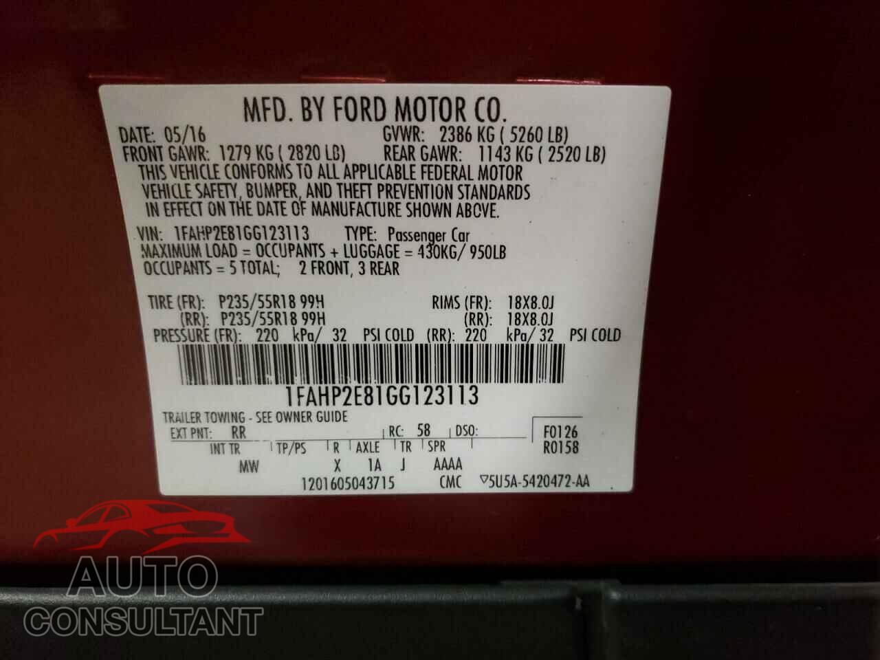 FORD TAURUS 2016 - 1FAHP2E81GG123113