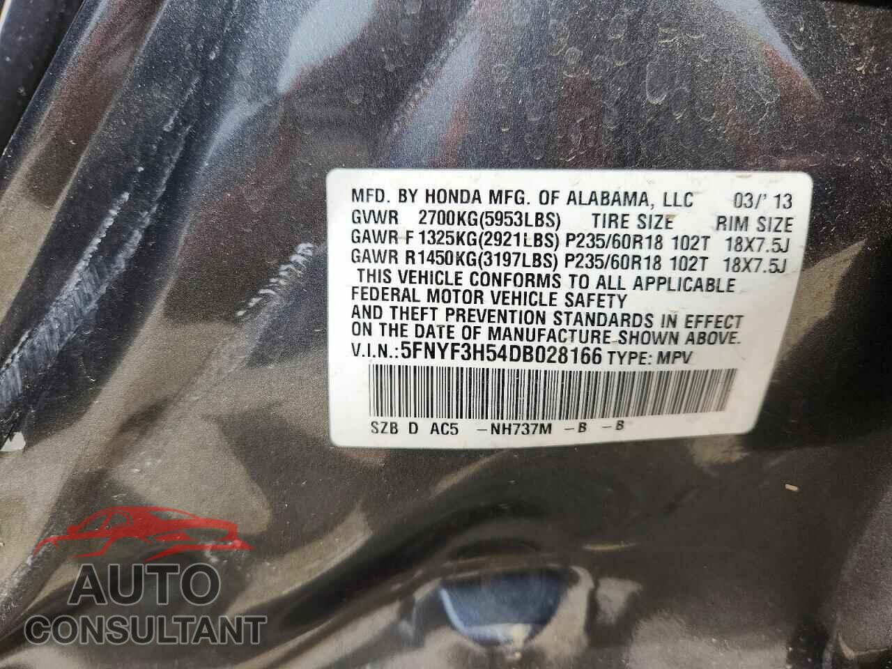 HONDA PILOT 2013 - 5FNYF3H54DB028166